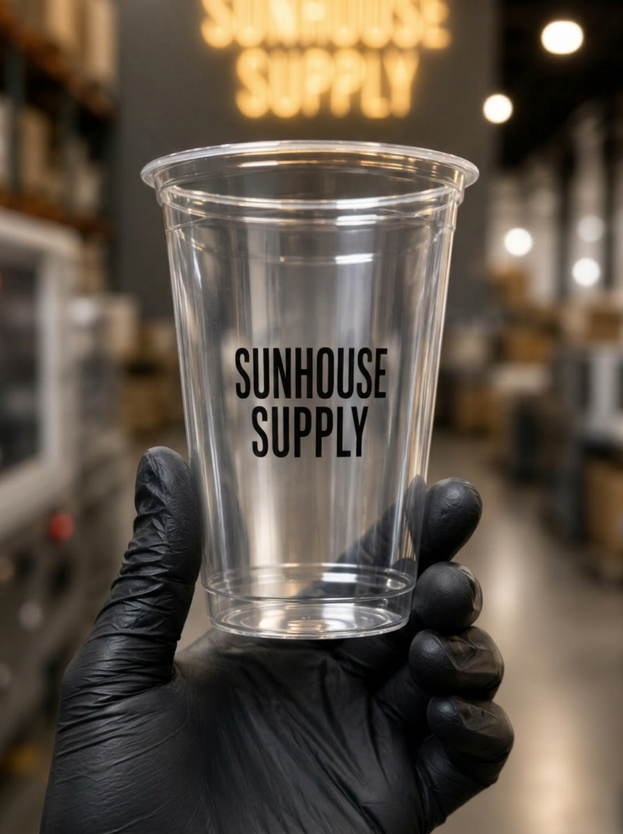 A hand holding a printed Sunhouse Supply cold cup in our production facility